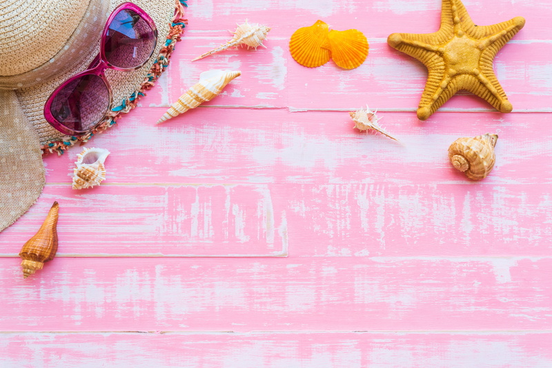 marine, starfish, shell, seashells, glasses, pink, hat, beach, pink background, 5K, wood, stars, summer