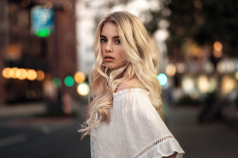 blonde, women outdoors, blond hair, beauty, looking at camera, standing, headshot, women, outdoors, depth of field, hairstyle, city street, young women
