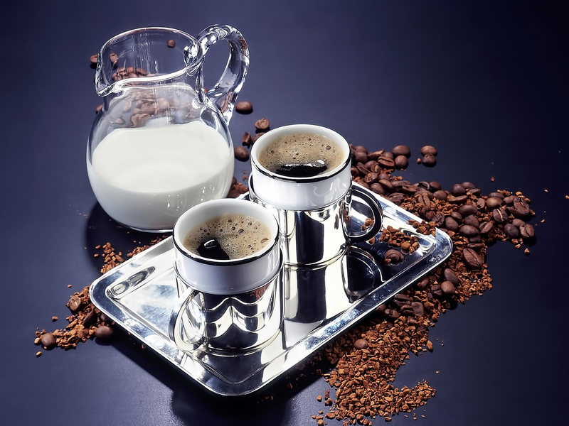 kitchen utensil, eating utensil, bean, roasted coffee bean, tray, hot drink, food and drink, table, indoors, espresso, milk, coffee, white, drink, decanter