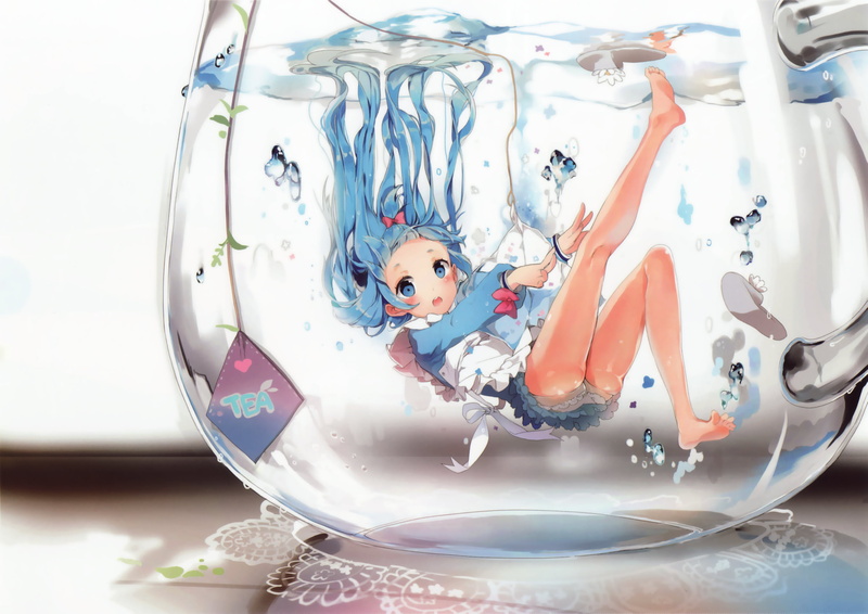 flip flops, anime, blue hair, 2K, tea, bubbles, blue eyes, long hair, underwater, anime girls