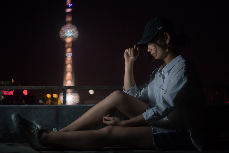 sitting, lady, three quarter length, tower, the bund, shoe, shanghai, contemplation, women, portrait, woman, full length, looking, 5K, looking down, footwear