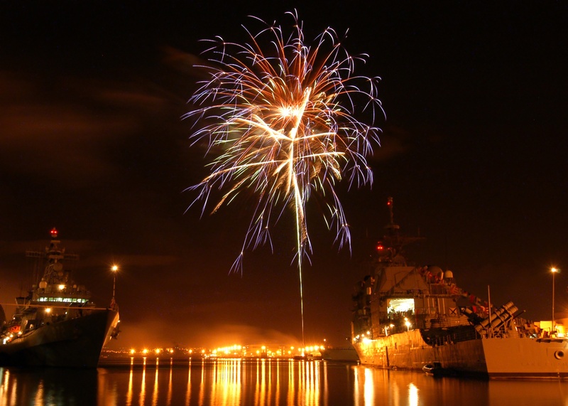 reflection, building exterior, bay, water, reflections, no people, gray, fireworks, event, colorful, dock, lights, sparks, beautiful, firework, light, ships