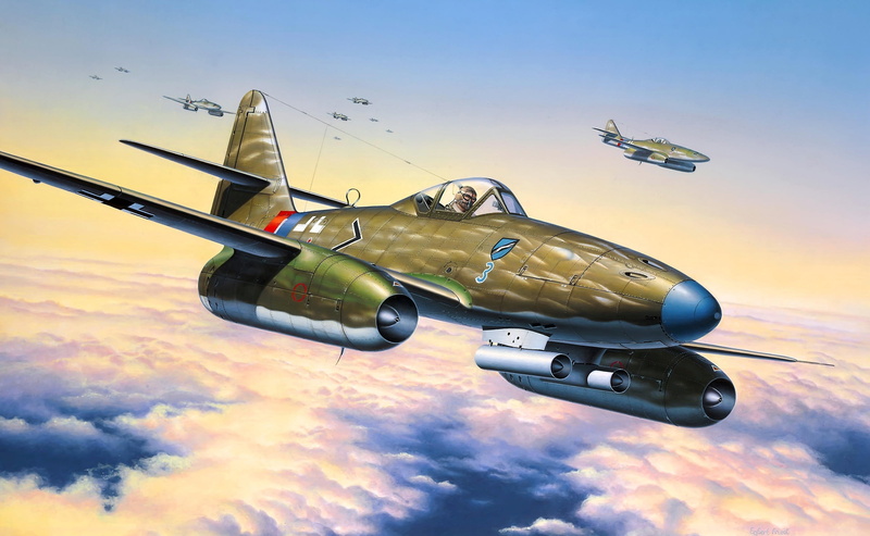 mid-air, flying, cloud - sky, sky, transportation, military, side view, air vehicle, Me 262, jet fighters, air force, army, single object, fighter, nature