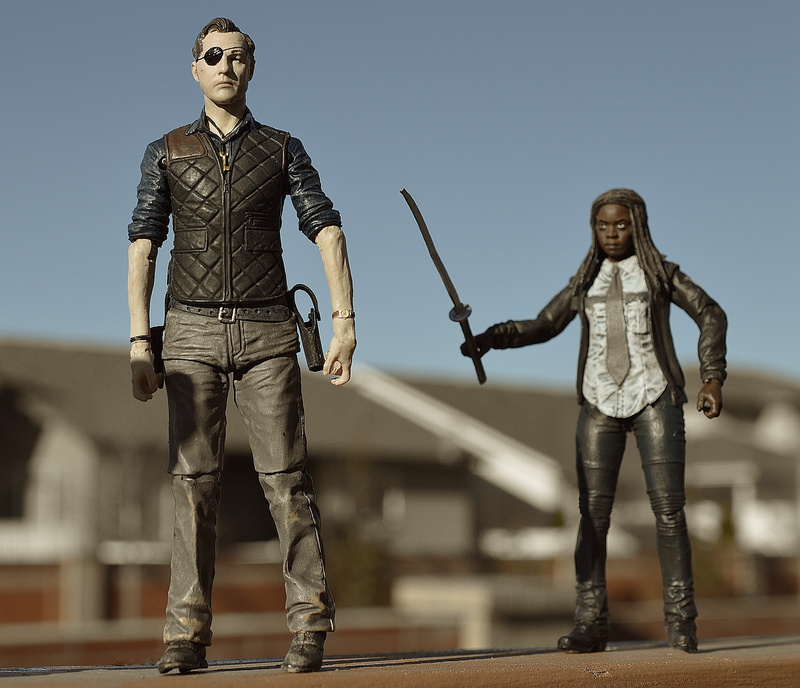 full length, front view, toy Soldier, outdoors, adults only, figurine, focus on foreground, action figure, apocalypse, doll, clear sky, tv, Michonne, television