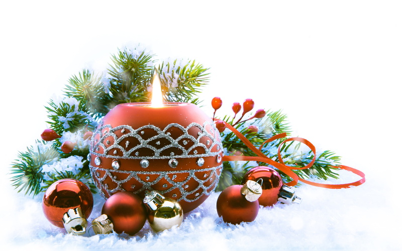 2K, Christmas, red, spruce, toys, christmas decoration, the scenery, snow, votive, happy new year, new year, candle, holiday, christmas color