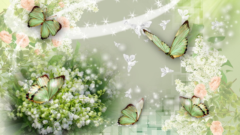 butterflies, glow, subtle, lily of the valley, green, valley, delightful, spring, 1080P, sparkles, roses, stars, white lilac