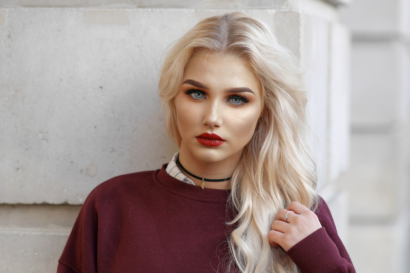 blonde, depth of field, women, 1080P, red lipstick, face, portrait