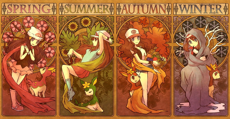 pattern, statue, sculpture, architecture, multi colored, 720P, May (Pokémon), human representation, male likeness, day, no people, Green (Pokémon), Deerling (Pokémon)