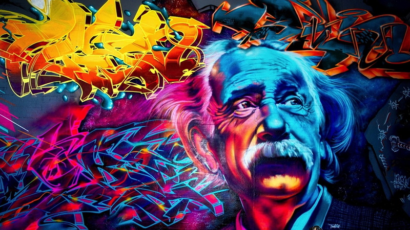 graffiti, yellow, blue, orange, grey, Albert Einstein, red, black, 1080P, white