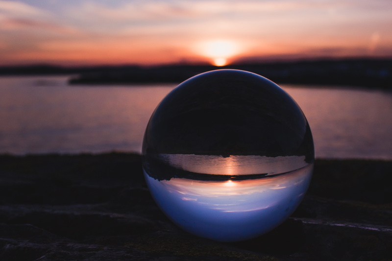 focus on foreground, upside down, blur, beach, 5K, scenery, outdoors, no people, Lensball, sky, dawn, close, crystal, ocean, close-up, sphere, cloud - sky