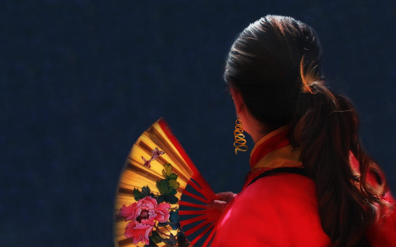 young adult, floral, looking, red dress, females, black hair, portrait, 4K, asian, asian celebration, holding, hair, headshot, casual clothing, chinese new year