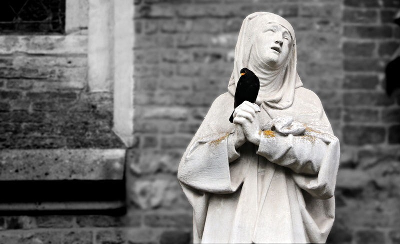 black, three quarter length, focus on foreground, stone figure, black bird, belief, crown, church, folded, religious sister, christian, holding, faith