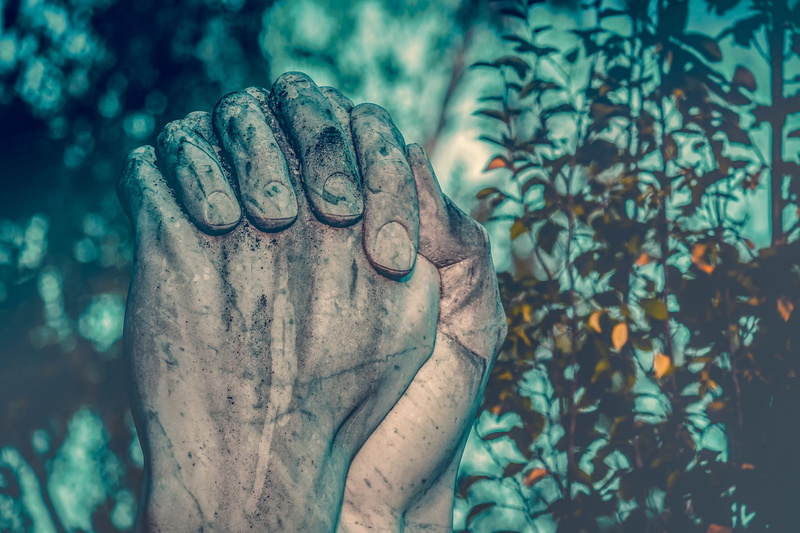 plant, hand, creativity, focus on foreground, outdoors, art and craft, no people, folded, hands, human representation, statue, close-up, praying hands