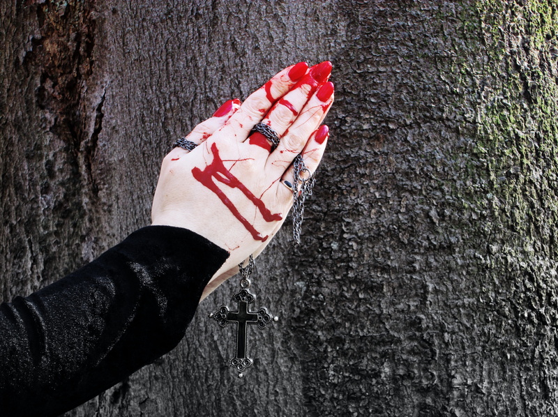 red, human leg, body part, human hand, Crucifix, human body part, trunk, female hands, textured, Blood, folded, prayer, finger, day, tree trunk, real people