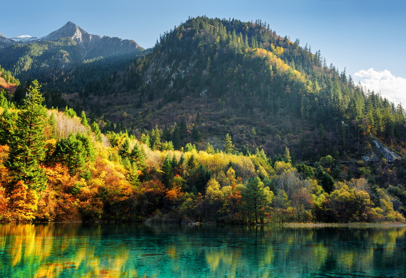 China, Jiuzhaigou, reserve, trees, colorful, 4K, autumn, forest, lake, Sunny, mountains