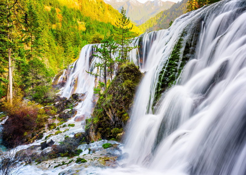 waterfall, trees, China, solid, scenics - nature, blurred motion, environment, outdoors, motion, nature, flowing water, tree, flowing, Sichuan Province