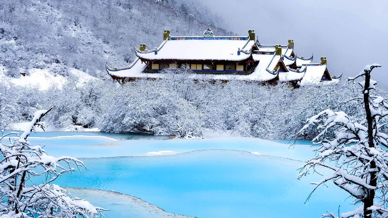 mountains, Huanglong, 1080P, temple, Sichuan, winter, snow, China, lake
