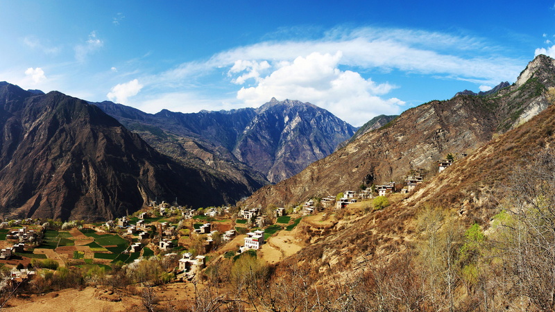 arid climate, cangzhai, scenics - nature, hill, China, clouds, travel destinations, travel, rock, valley, tranquil scene, village, Sichuan, landscapes