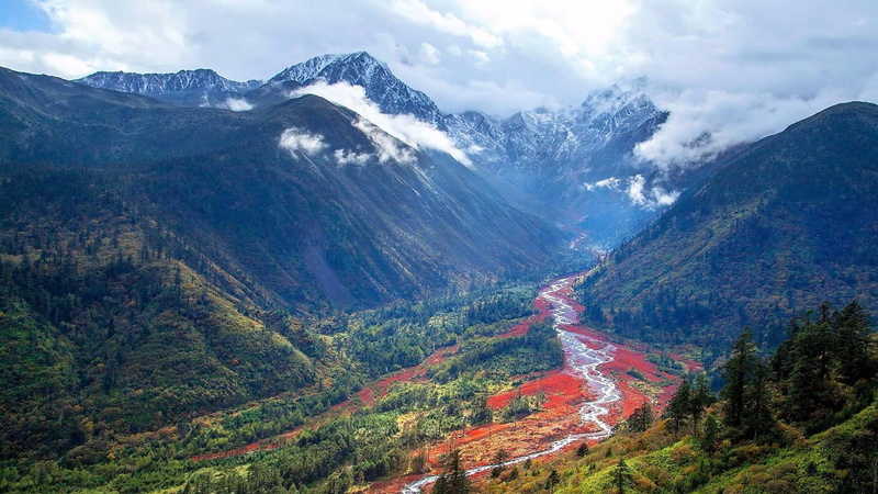 mountain, environment, sky, sichuan, nature, valley, china, tranquility, asia, 1080P, hailuogou glacier, tree, snowcapped mountain, cloud, mountain peak