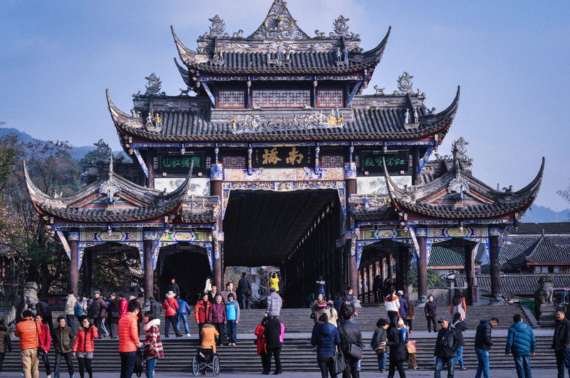 structure, real people, crowd, temple, old, travel, china, day, sichuan, temples, people, standing, dujiangyan gate, ancient, culture, building, group
