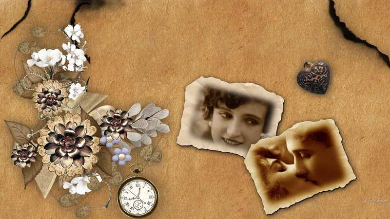 romatnic, burnt-paper, collage, burning, heart, photos, parchment, lovers, flowers, pocket-watch, 1080P, retro, memories, leaves, vintage