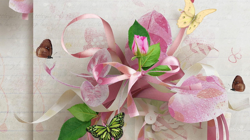 adventure, summer, roses, vintage, hearts, ribbon, paper, ribbons, white, decor, spring, pink, 1080P, butterflies, nature and landscapes, old fashion