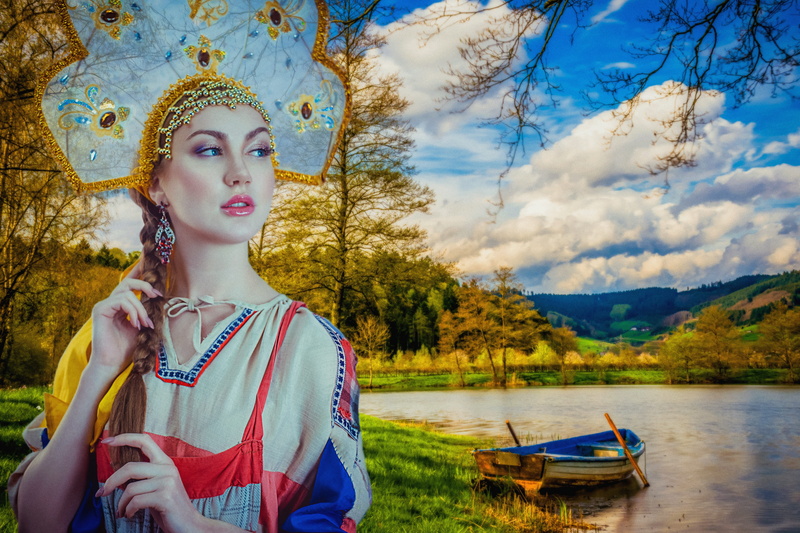 beauty in nature, day, kokoshnik, one person, russkaya krasavica, blue, russia, woman, outdoors, model, boat, nautical vessel, forest, dock, sundress, body