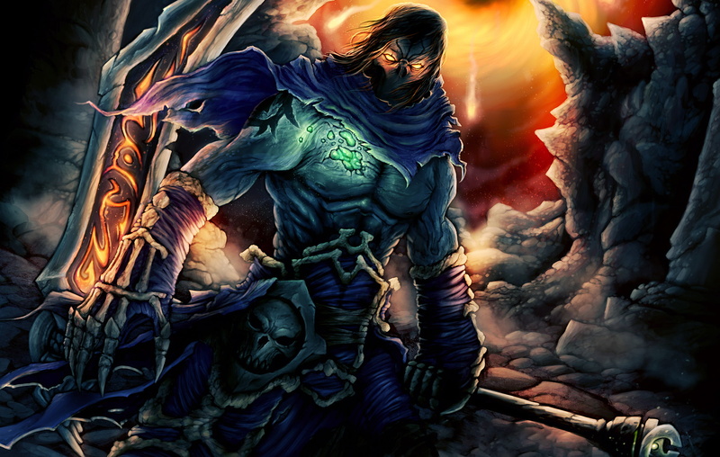darksiders, art, skull, death, fantasy, mask, runes, 1080P, weapons