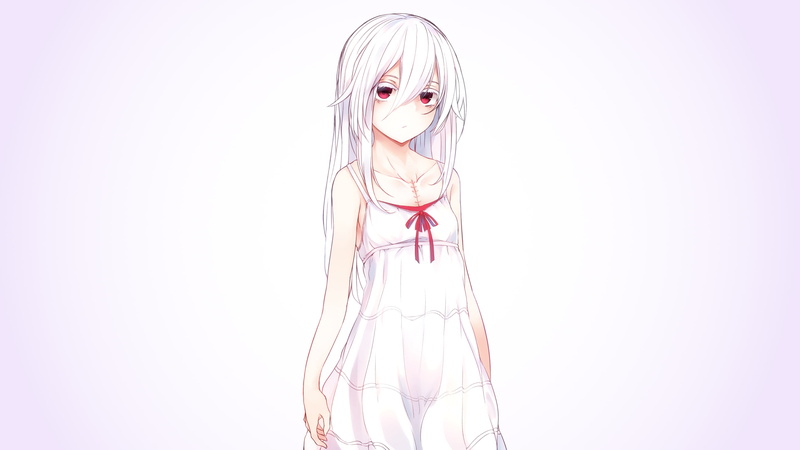 Wretched Egg, white background, looking at viewer, anime girls, 2K, dress, long hair, white hair, Shiro (Deadman Wonderland)