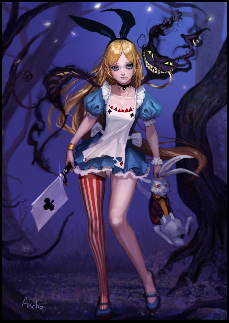 beautiful people, long hair, one person, adult, Alice in Wonderland, untitled, beauty, full length, 720P, anime, looking at camera, beautiful woman, blond hair