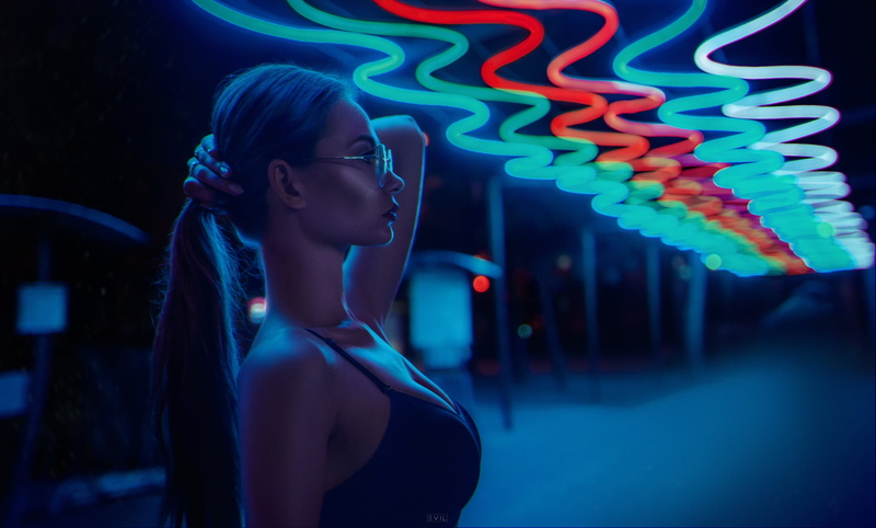long hair, cleavage, women, 1080P, women with glasses, women outdoors, neon, dark, holding hair, night, ponytail, side view, outdoors, brunette, profile
