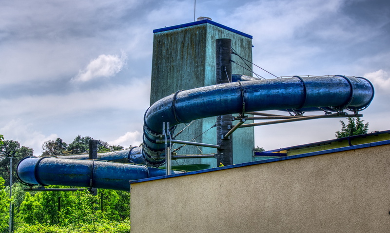 out of service, experience, adventure, broken, city life, modern, cloud - sky, building exterior, no people, swimming pool, speed slide, built structure