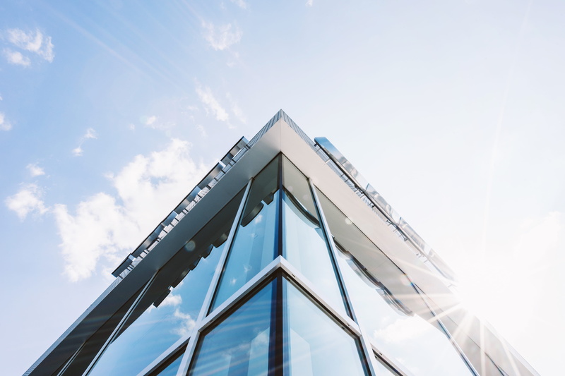 clear, metal, office building exterior, 5K, reflection, angle, sky, urban Scene, building Exterior, glass - Material, high, day, silver colored, outdoors