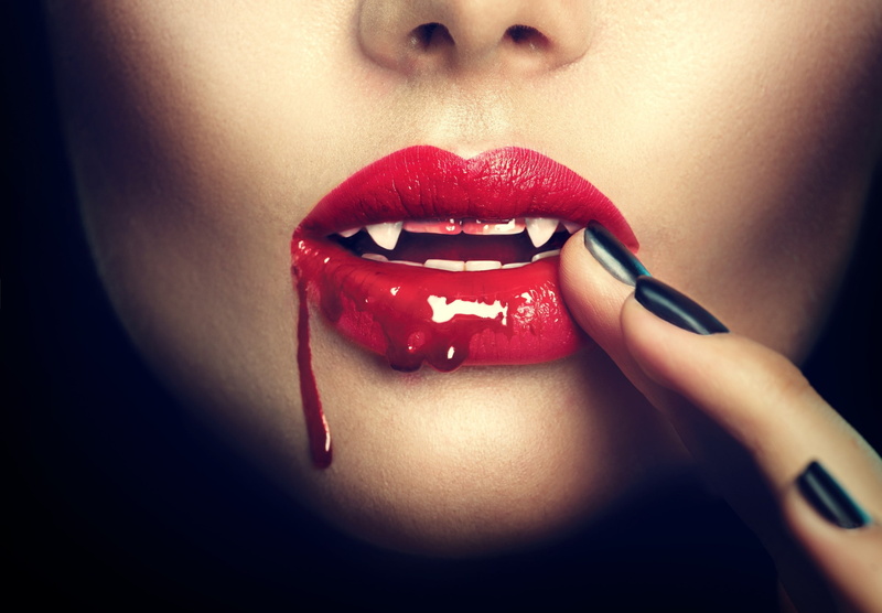 vampires, women, blood, face, lips, painted nails, 2K