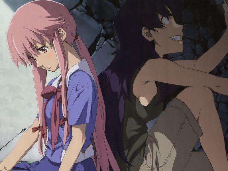 girls, uniforms, pink, diary, minene, school, eyes, hair, anime, yuno, 2K, gasai, future, purple, uryuu