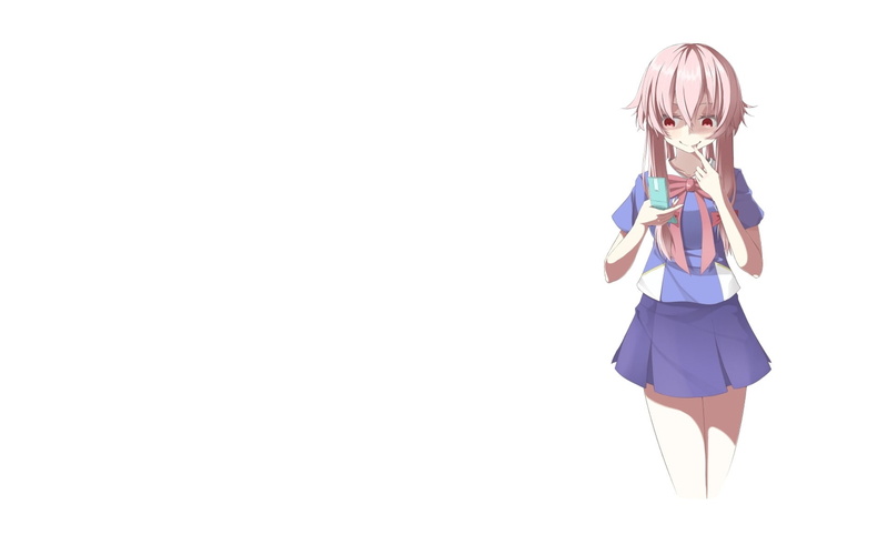 wall, yuno, eyes, red, uniforms, school, pink hair, school uniforms, x, gasai, diary, mobile, future, pink, phones, hair, art, twintails, people, 1080P