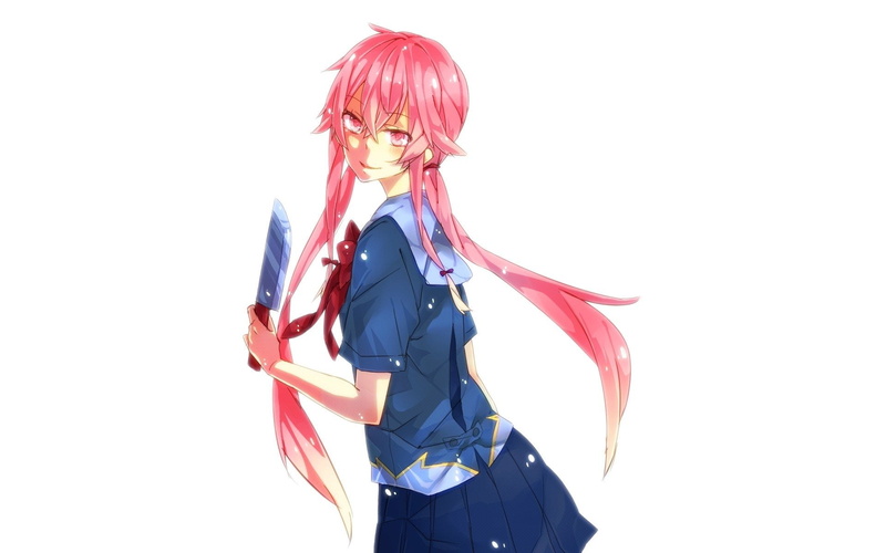 young adult, 1080P, studio shot, Future Diary, Skirt, Girl, white background, cut out, glasses, Weapon, Mirai Nikki, looking at camera, Yuno Gasai, dyed hair