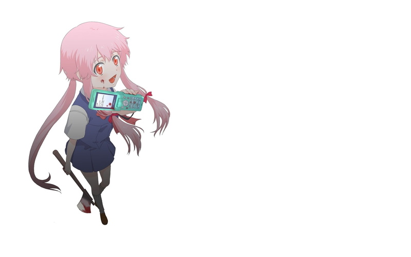 red, people, ribbons, mobile, diary, hd, eyes, school, 1080P, blood, gasai, future, phones, twintails, hair, axe, art, uniforms, pink, school uniforms