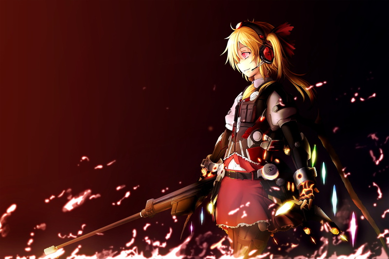 1080P, freeze ex, eyes, flandre, scarlet, red, headphones, hair, gloves, weapon, blonde, gun, touhou