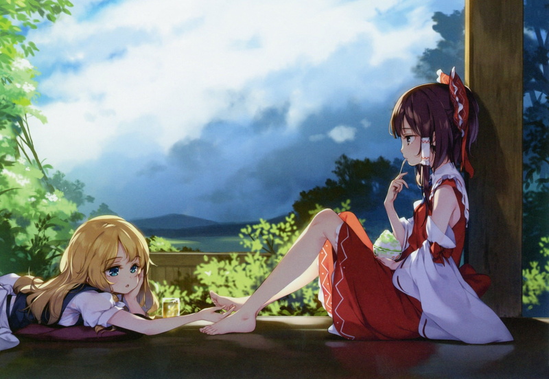 Marisa Kirisame, summer, 2K, two girls, the sky in the clouds, Hakurei Reimu, Touhou Project, stay, Ke-ta, veranda, ice cream, Project East, barefoot