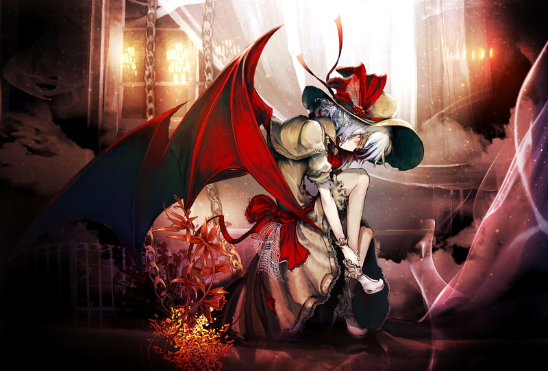 vampire girl, 720P, art and craft, night, representation, remilia scarlet, nature, real people, indoors, illuminated, touhou project, creativity, celebration
