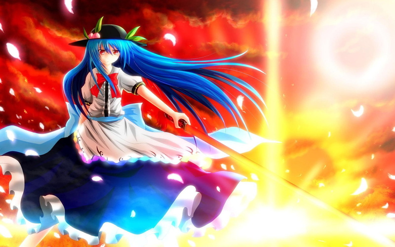1920x1200, woman, character, 1080P, gray, tenshi, anime, touhou, hinanawi, hair, project, dress, holding, touhou project, tenshi hinanawi, blue