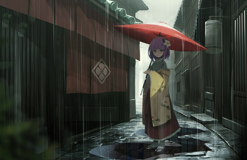 Project East, home, rain, kimono, 4K, Japanese, umbrella, Hieda no Akyu, Touhou, Touhou Project, street, girl, puddles