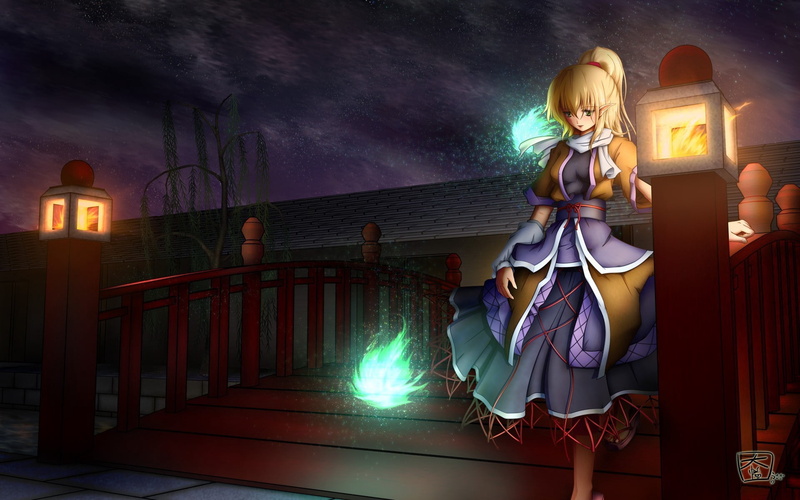 fantasy, tree, human representation, night, fairy Tale, child, girls, red, females, touhou project, lantern, anime, celebration, belief, illustration, art and craft