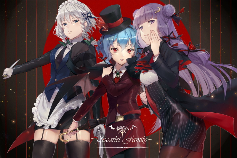 remilia scarlet, anime, art, touhou, dagger, Izayoi Sakuya, Touhou Project, 1080P, girls, wings