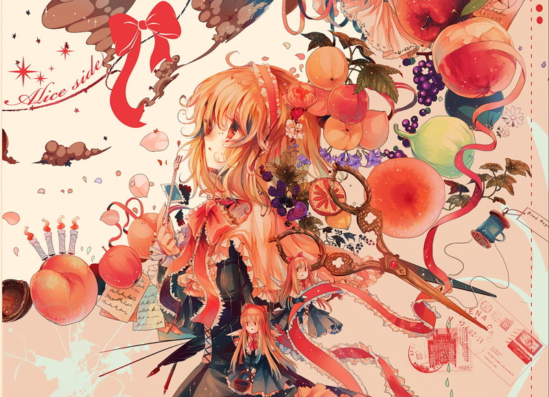 the envelope, art, peaches, Project East, red ribbon, fruit, in profile, stamp, doll, Kirero, coil, 1080P, Alice Margatroid, Touhou Project, candles, scissors