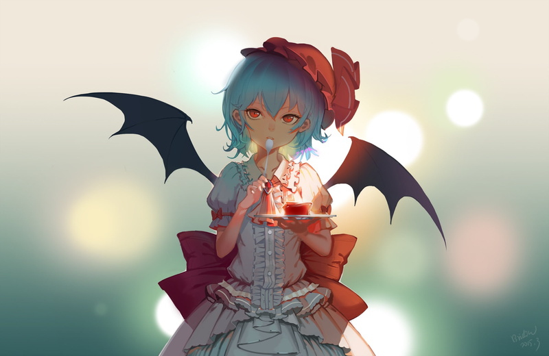 wings, Remilia Scarlet, spoon, ruffles, pudding, art, dress, blue background, takes, Bridow, Project East, touhou, red eyes, 1080P, Touhou Project
