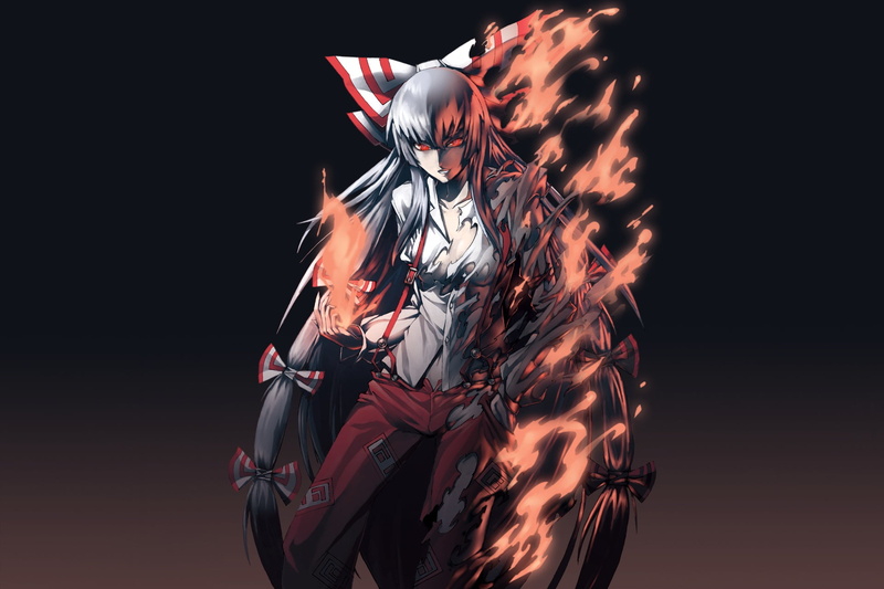 1080P, fire, Project East, darkness, flame, red eyes, Touhou Project, madness, Fujiwara no Mokou, witch, black magic, torn clothes