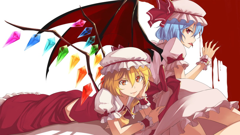 a drop of blood, Remilia Scarlet, 1080P, project East, Flandre Scarlet, Touhou Project, blood, red eyes, vampire, bat wings
