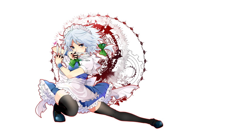 uniform, the maid, art, the magic circle, Project East, 1080P, ruffles, white background, stockings, knives, stand, Potesara, pigtail, Izayoi Sakuya, Touhou
